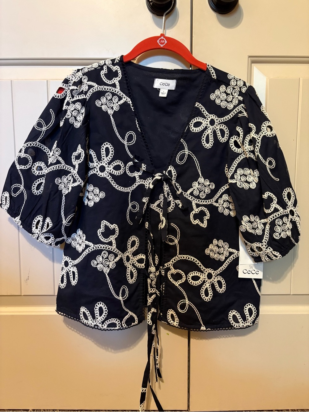 CeCe Navy Blouse with Cream Lace Embroidery - Picture 2 of 5